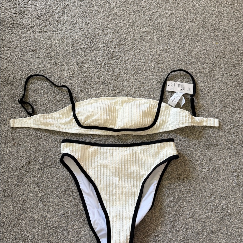 Cupshe Cream Ribbed Bikini with Black Contrast Trim